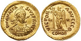 Ostrogothic Kingdom, Theodoric (A.D. 493-526), Gold Solidus (4.42 g.). Issued in the name of Anastasius I. Mint of Rome. D N ANASTA-SIVS P F AVG, pear...