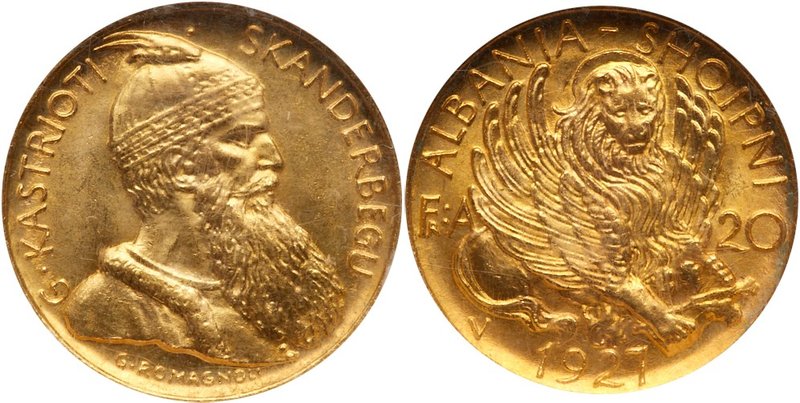 Albania. Zog I (1925-1939). Gold 20 Franga Ari, 1927-V. Bust of George Skanderbe...