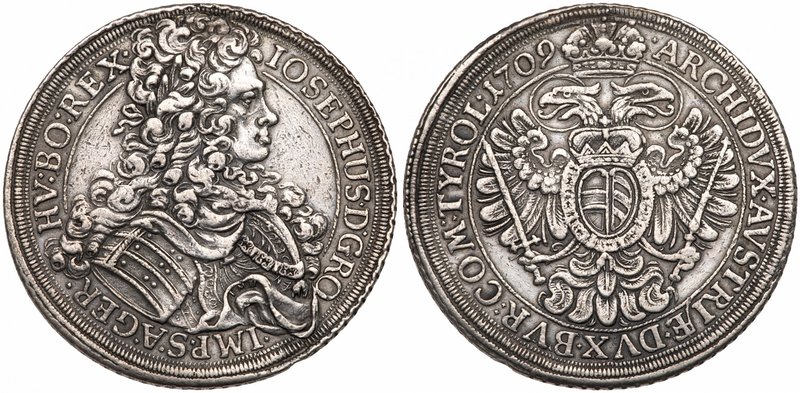 HRE Joseph I (1705-1711). Silver Taler,1709 IMH. Vienna. (28.06g). Peruked and a...