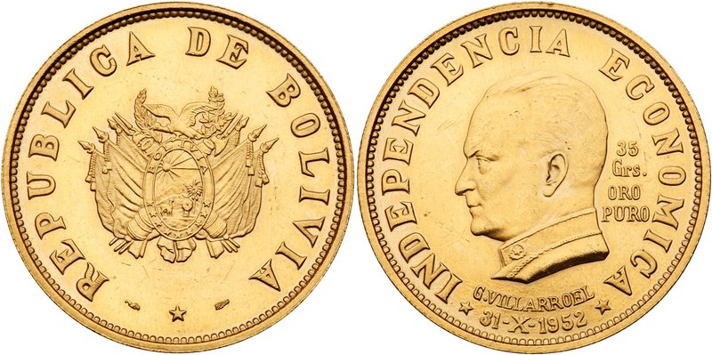Republic. Gold 4 piece set, 1952. Denominations: 35 Grams (50 Bolivianos), 14 Gr...
