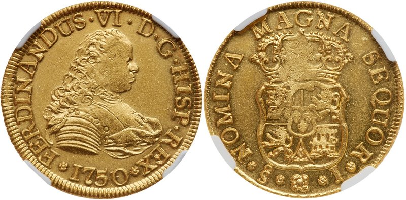 Fernando VI (1746-1760). Gold 4 Escudos, 1750/5 J, Santiago mint. Small standard...