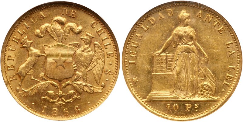 Republic. Gold 10 Pesos, 1866, Santiago mint. Plumed coat of arms with supporter...