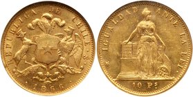 Republic. Gold 10 Pesos, 1866, Santiago mint. Plumed coat of arms with supporters. Rev. Standing Liberty at altar (Fr 45; KM 145). In NGC holder grade...