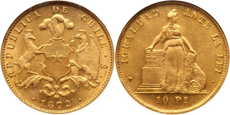 Republic. Gold 10 Pesos, 1872, Santiago mint. Plumed coat of arms with supporter...