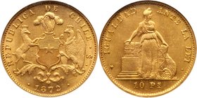Republic. Gold 10 Pesos, 1872, Santiago mint. Plumed coat of arms with supporters. Rev. Standing Liberty at altar (Fr 45; KM 145). In NGC holder grade...