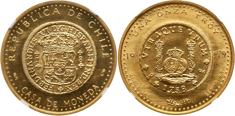 Republic. Gold 1 Onza, 1979, Santiago mint. Design of Pillar dollar of 8 reales....