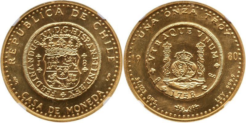 Republic. Gold 1 Onza, 1980, Santiago mint. Design of Pillar dollar of 8 reales....