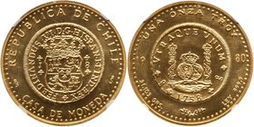 Republic. Gold 1 Onza, 1980, Santiago mint. Design of Pillar dollar of 8 reales. Crowned arms. Rev. Crowned globe between two pillars (Fr 65; KM-X#2)....