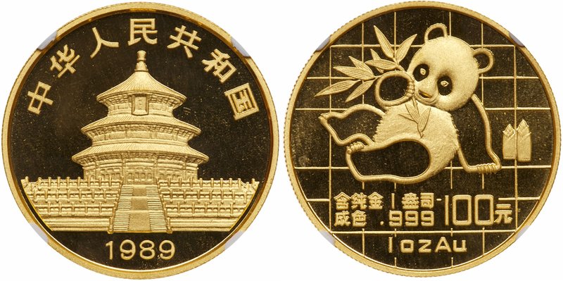 People's Republic. Gold 100 Yuan, 1989. One Ounce. Large Date variety. Panda ser...