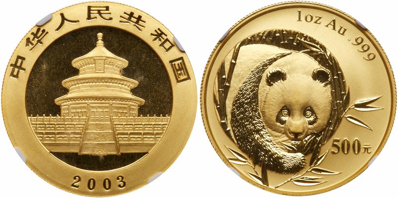 People's Republic. Gold 500 Yuan, 2003. One Ounce. Panda series (KM-1474). In NG...
