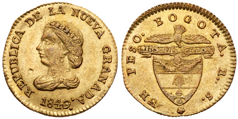 Republic. Gold 1 Peso, 1840/39-RS, Bogota mint. Draped Liberty head left. Rev. C...