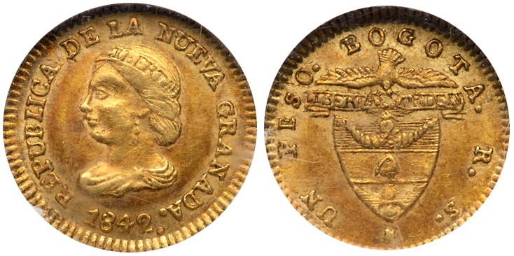 Republic. Gold 1 Peso, 1842-RS, Bogota mint. Draped Liberty head left. Rev. Cond...