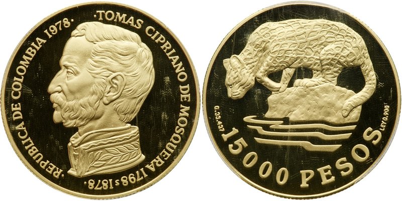 Republic. Gold 15,000 Pesos, 1978. Wildlife issue. Bust of President Tomas Cipri...