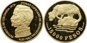 Republic. Gold 15,000 Pesos, 1978. Wildlife issue. Bust of President Tomas Ciprian de Mosquera left. Rev. Ocelot, 0.9675 oz, AGW (Fr 140; KM 266). In ...
