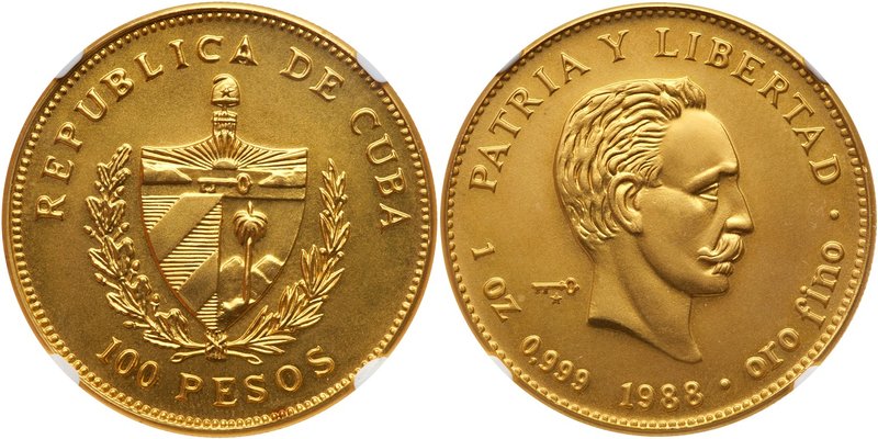 Gold 100 Pesos, 1988. National arms within wreath. Rev. Bust of Jose Marti right...