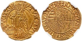 Lorraine. Duke Ren&eacute; II (1473-1508), Gold Florin, undated. St. Nicholas holding staff. Rev. Arms of Hungary, Naples, Jerusalem, Aragon, Anjou an...