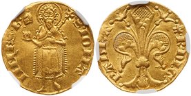Orange. Prince Raymond III (1335-1340) or Raymond IV (1340-1393). Gold Florin, undated. St. John the Baptist standing. Rev. Large fleur-de-lis (Fr 189...