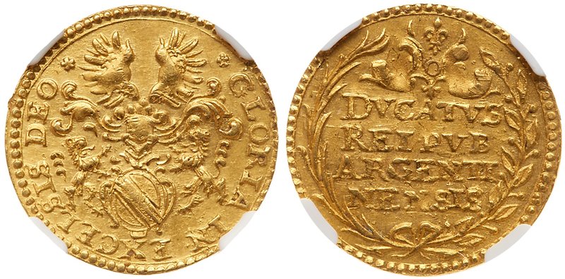 Strasbourg. City. Gold Ducat (1650). Helmeted arms with lion supporters. Rev. Fo...