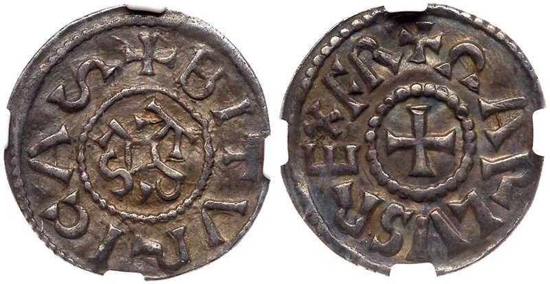 Charlemagne (768-814) Silver Denier, undated. Bourges mint. Karlus monogram with...