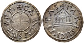 Charles the Bald (843-877). Silver Denier (1.72g). Paris mint. + CARLVS RE +FR, cross pattee. Rev. + PARISII CIVITAS, temple portico (MG 827). In PCGS...