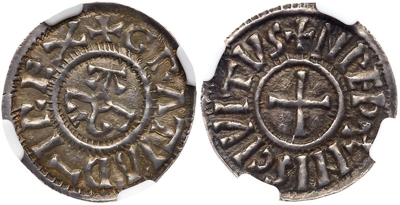 Charles the Bald (843-877). Silver Denier, undated (1.45g). Rennes mint. Karolus...
