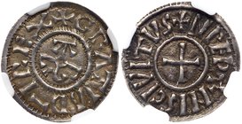Charles the Bald (843-877). Silver Denier, undated (1.45g). Rennes mint. Karolus monogram; + GRATIA D-I REX, Rev. Cross; +HREDONISCIVITAS. (MG 1045; R...
