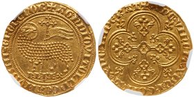 Charles IV (1322-1328). Gold Agnel d'or, undated. Lamb and cruciform staff with flying banner. Rev. Floriated cross in quadrilobe (Fr-263). In NGC hol...