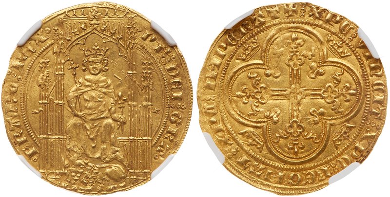 Philippe VI de Valois (1328-1350). Gold Lion d'or, undated. King on Gothic thron...