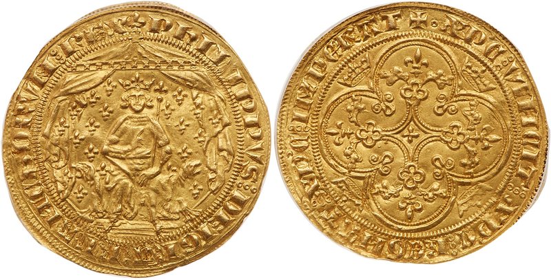 Philippe VI de Valois (1328-1350). Gold Pavillon d'or, undated. King holding sce...