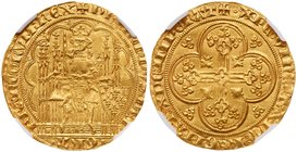 Philippe VI de Valois (1328-1350). Gold Ecu d'or, undated. King with sword and shield, seated on Gothic throne. Rev. Floriated cross in quadrilobe (Fr...