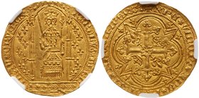 Charles V (1364-1380). Gold Franc a Pied, undated. Armored king with sword and sceptre, standing under Gothic dais. Rev. Floriated cross in quadrilobe...