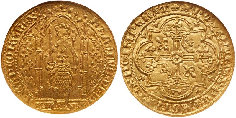 Charles V (1364-1380). Gold Franc a Pied, undated. Armored king with sword and s...