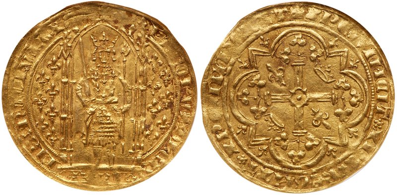 Charles V (1364-1380). Gold Franc a Pied, undated. Armored king with sword and s...