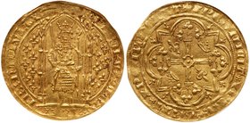 Charles V (1364-1380). Gold Franc a Pied, undated. Armored king with sword and sceptre, standing under Gothic dais. Rev. Floriated cross in quadrilobe...