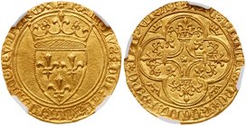 Charles VI (1380-1422). Gold Ecu d'or a la couronne, undated (3.73g). Crowned arms of France. Rev. Floriated cross in quadrilobe, crown in angles (Fr ...