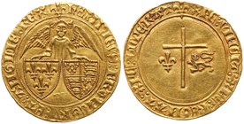 Henry VI, King of England and France (1422-1453). Gold Angelot d'or, undated (2.30g). Mint-mark fleur de lis. Saint-Lo mint. Archangel Gabriel over ar...
