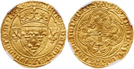 Charles VII (1422-1461). Gold Ecu d'or neuf a la couronne, undated (3.36g). Crowned arms of France flanked by two crowned fleurs de lis. Rev. Floriate...