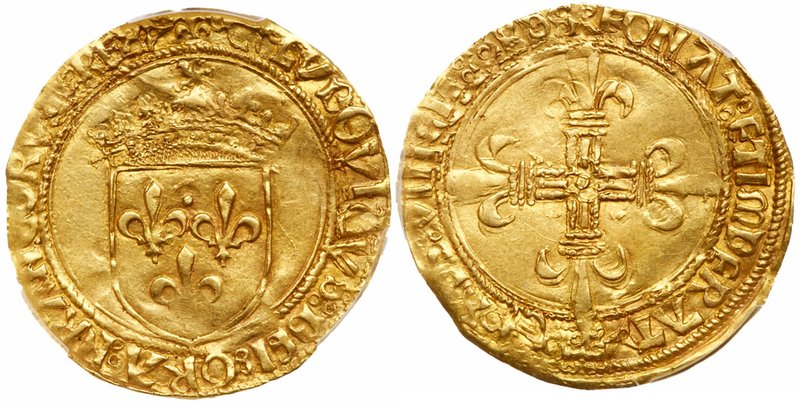 Louis XII (1498-1515). Gold Ecu d'or au soleil, undated (3.39g). Crowned arms of...