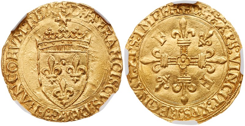 Francois I (1515-1547). Gold Ecu d'or, undated. Crowned arms, small radiate sun ...