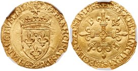 Francois I (1515-1547). Gold Ecu d'or, undated. Crowned arms, small radiate sun above. Rev. Two F's and two lis in angles of cross (Fr-345; Ciani 1073...