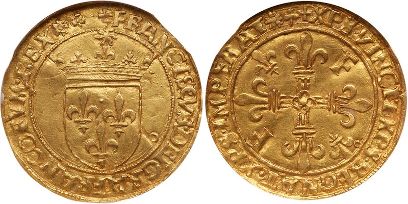 Francois I (1515-1547). Gold Ecu d'or, undated. Crowned arms, small radiate sun ...