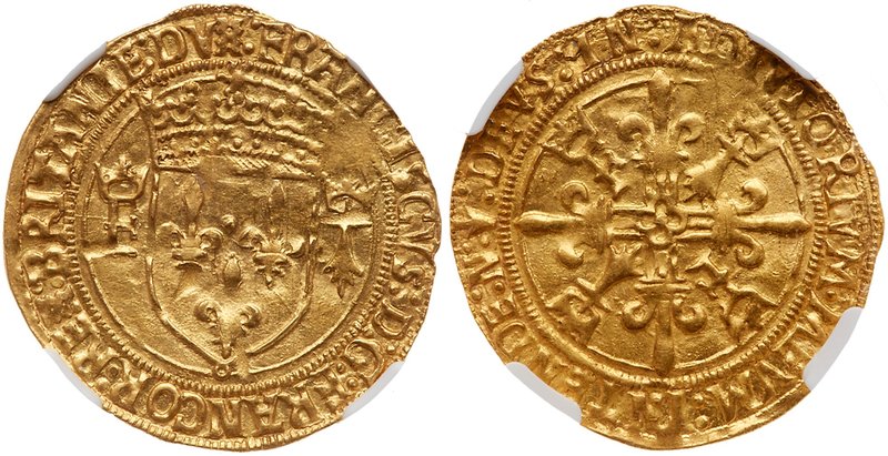 Francois I (1515-1547). Gold Ecu d'or de Bretagne, undated. Nantes mint. Crowned...