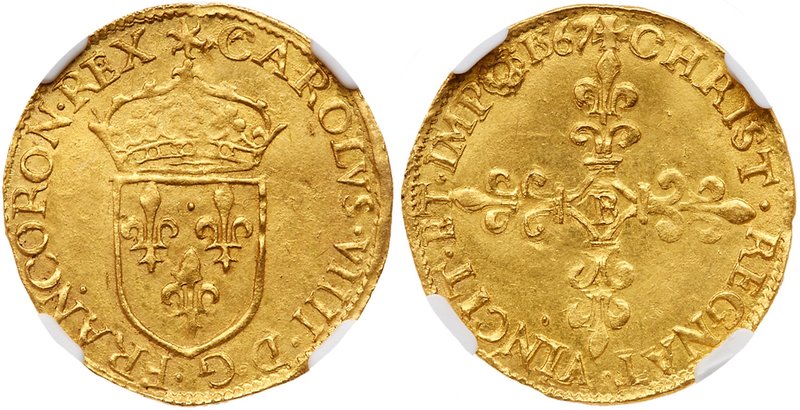 Charles IX (1560-1574). Gold Ecu d'or, 1567-B (3.29g). Rouen mint. Crowned arms....