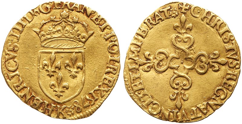 Henry III (1574-1589). Gold Ecu d'or au soleil, 1578-K (3.3g). Bordeaux mint. Cr...