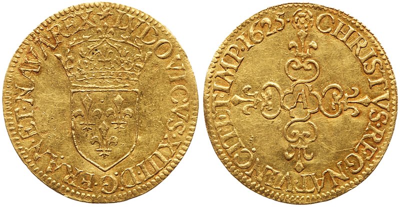 Louis XIII (1610-1643). Gold Half Ecu d'or, 1625-A (1.68g). Paris mint. Hammered...