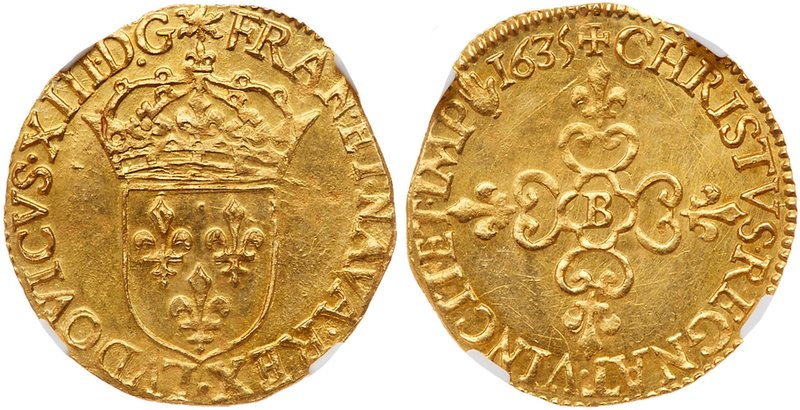 Louis XIII (1610-1643). Gold Ecu d'or, 1636-B (3.29g). Rouen mint. Hammered coin...