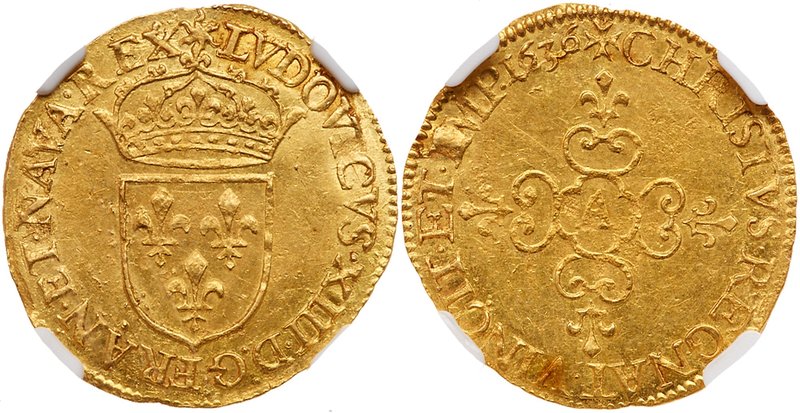Louis XIII (1610-1643). Gold Ecu d'or, 1636-A (3.36g). Paris mint. Hammered coin...