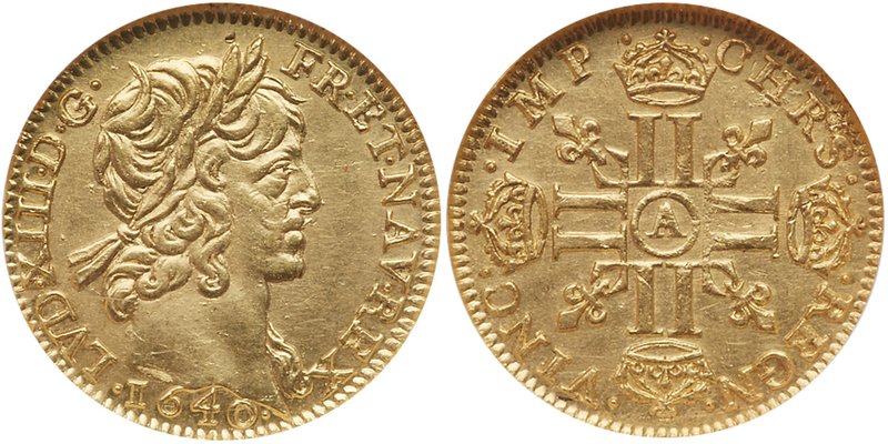 Louis XIII (1610-1643). Gold Half Louis d'or, 1640-A (Paris). Laureate bust righ...