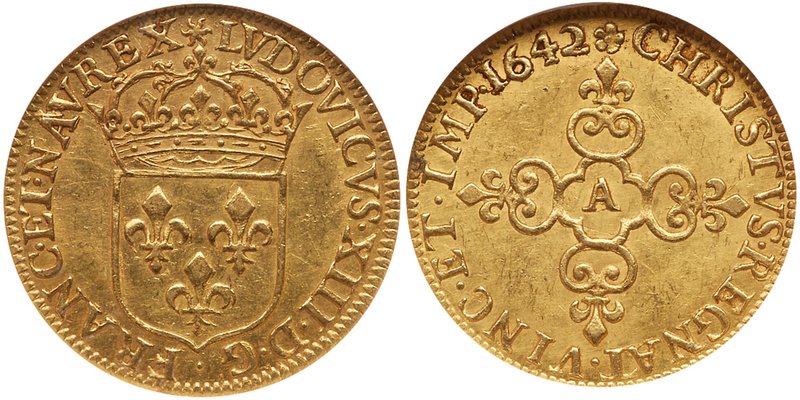 Louis XIII (1610-1643). Gold Ecu d'or, 1642-A, Paris. Hammered coinage. Crowned ...