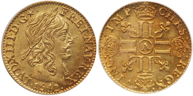 Louis XIII (1610-1643). Gold Half Louis d'or, 1642-A (Paris). Laureate bust righ...